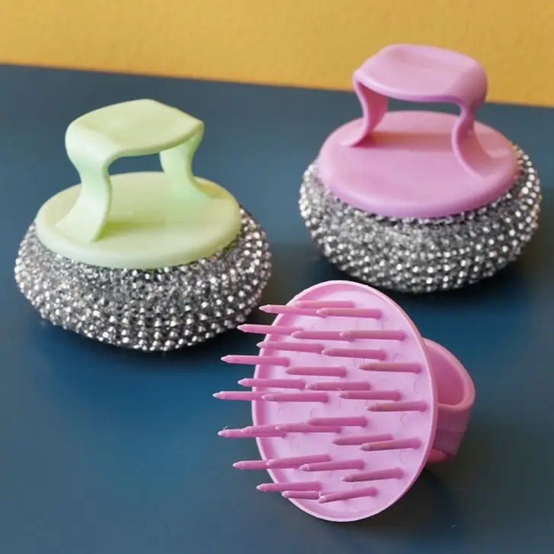 Brosse de Lavage de vaisselle à poigné avec boulle de fil en acier inoxydable